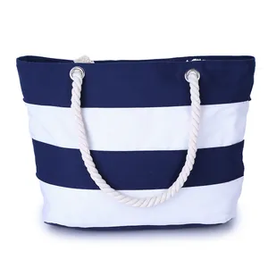 Large capacity canvas tote bag with blue and white stripes and rope handles