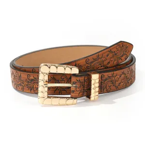 Vintage brown PU leather belt with floral embossing and square gold buckle for men and women