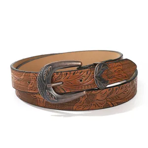 Retro brown PU leather belt with floral embossing and bronze square buckle