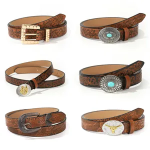 Retro Western Cowboy PU Leather Belt For Women Men Embossed Floral Alloy Buckle Waistband Bohemian Style Accessories