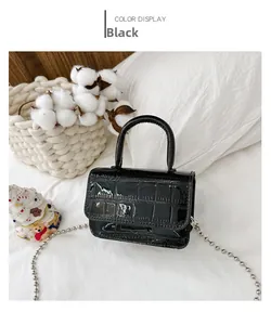 Glossy black PU leather bag with crocodile texture and silver bead chain strap details