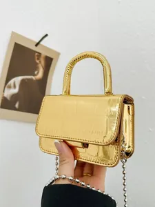 Shiny gold laser mini crossbody bag for girls with metallic finish and crocodile texture