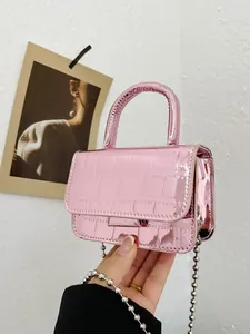 Pink metallic crocodile pattern mini crossbody bag with silver chain strap for girls