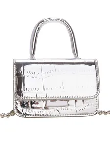 Silver mirror crossbody bag with crocodile pattern and metal bead chain for girls
