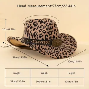 Size chart for leopard print western cowboy hat showing measurements and head circumference
