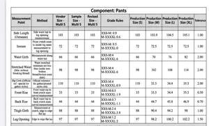 Detailed size chart for women's print pants with waist, hip and length measurements