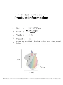 Sac licorne dimensions 19x13,5x5,5cm avec chaîne de 100cm et détails du matériau PU