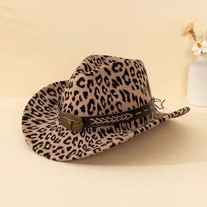 Fashionable leopard print western cowboy hat with vintage bull head buckle and wide brim
