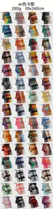 Detailed color chart for plaid fringe scarves showing 39x240cm dimensions and 280g weight