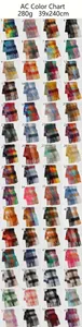 Detailed color chart for plaid fringe scarves showing 39x240cm dimensions and 280g weight