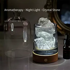 Natural crystal stone diffuser lamp with wooden base and glass dome for aromatherapy