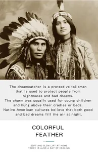 Detail of cultural background card explaining dreamcatcher history and use as a charm