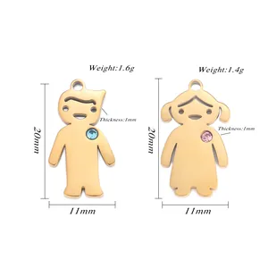 Gold stainless steel boy and girl pendants with blue and pink rhinestones 20mm charms