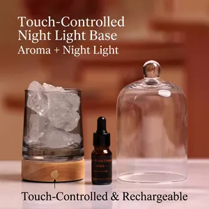 Touch-sensitive crystal stone diffuser night light with wooden base and glass cover