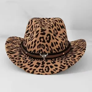 Leopard print western cowboy hat with faux suede texture and silver bull skull buckle
