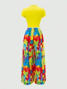 Macro view of abstract multicolor print and elastic waist on yellow crop top set