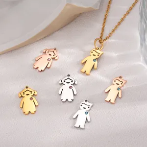 Polished stainless steel boy and girl charms with colorful gems in gold and silver finishes