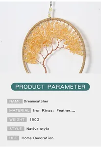Detail view of the Tree of Life dreamcatcher wall decor with yellow stones and feathers