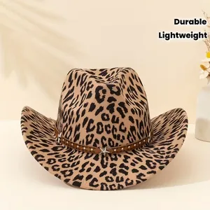 Leopard print western cowboy hat with studded leather band and star accents