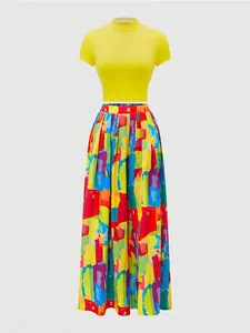 Women's 2-piece set with yellow short-sleeve top and colorful pleated maxi skirt