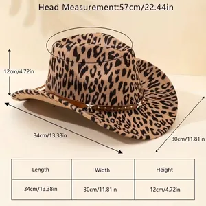 Ethnic leopard print western cowboy hat with sizing chart details and bull head belt