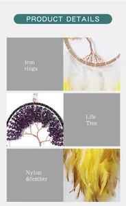 Close-up of tree of life dreamcatcher with purple crystal stones and feather details