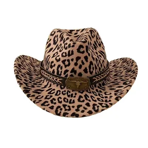 Ethnic leopard print western cowboy hat with vintage bull head buckle and leather band