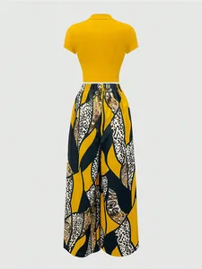 Detail view of high waist wide leg pants with leopard and geometric print pattern