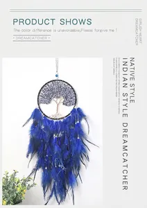 Detail of life tree dreamcatcher with blue crushed stones and hanging soft feathers