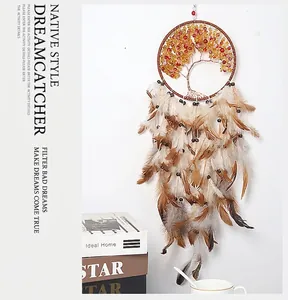 Detail of life tree dream catcher with yellow beads and layered brown feathers