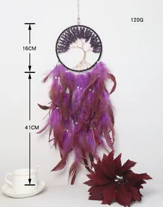 Detail view of purple amethyst tree of life dreamcatcher with dimensions 16x41cm