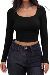 Close-up of slim fit black ribbed long sleeve crop top with square neck texture detail