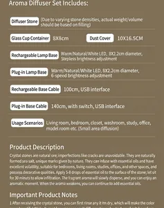 Detailed specs of crystal stone diffuser set with LED lamp base and dimensions info