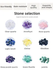 Macro display of nine natural healing crystals including Amethyst, Rose Quartz, and Obsidian