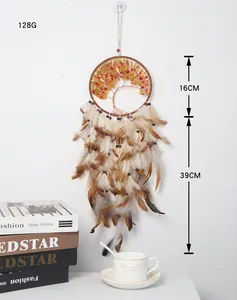 Detail of tree of life dreamcatcher with orange crystals and natural brown feathers