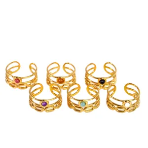 Set of 6 adjustable 14K gold plated stainless steel rings with colorful natural stones