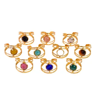 Golden stainless steel adjustable open rings with colorful natural stones and hammered finish