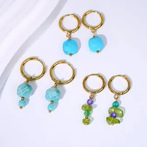 Orecchini a Goccia in Acciaio Inossidabile con Pietra Naturale Placcati Oro Geometrici Turchese Amazonite Peridoto Donna