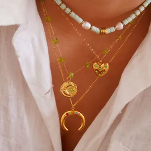 Conjunto de Joyas Bohemio de Acero Inoxidable Chapado en Oro Collar de Capas Con Colgante de Corazón Luna Estrella para Mujer