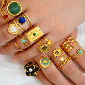Vintage Boheems Roestvrij Staal 14K Goud Vergulde Open Ring Natuursteen Inleg Boze Oog Zon Patroon Sieraden Dames