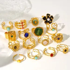Elegante 14K vergulde roestvrijstalen ringen met kleurrijke natuursteen en symbolen