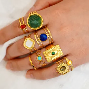 Vintage 14K vergulde roestvrijstalen ringenset met kleurrijke natuurstenen voor dames