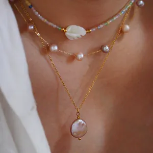Set di Gioielli Vintage in Acciaio Inossidabile per Donna Collana con Pendente in Perla Barocca Perline Multicolore Conchiglia Foglia Orecchini Bracciale