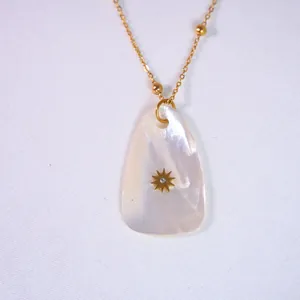 14K gold plated stainless steel necklace with iridescent shell pendant and star charm