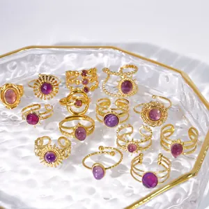 Edelstahl Amethyst Verstellbarer Offener Ring Für Damen Vintage Bohemian Vergoldet Naturstein Lila Kristall Geometrischer Fingerring Modeschmuck Geschenk