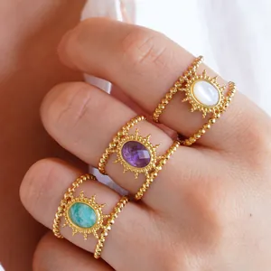 Bohemian Stainless Steel Sunflower Open Ring For Women Natural Amethyst Amazonite Mother Of Artificial Pearl Gold Plated Jewelry