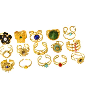 Elegante 14K vergulde roestvrijstalen open ringen met kleurrijke natuursteen inlays