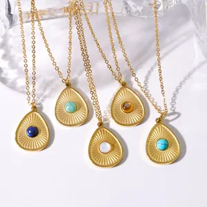 Waterdrop natural stone pendants on 14K gold plated stainless steel necklaces set