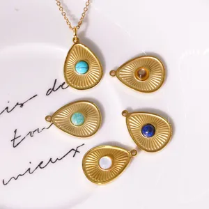 14K gold plated stainless steel teardrop necklace set with natural stone inlay