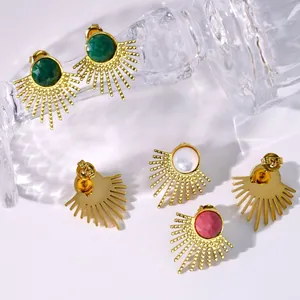 French vintage sunburst earrings set with natural stones in 14K gold plated titanium steel